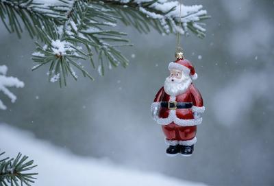 The primary subject of the image is a Christmas ornament featuring Santa Claus. The ornament is hanging from a tree, which serves as the setting and background of the scene. The visual style of the image is a photo, capturing the details of the ornament and the surrounding environment. The colors and mood of the image are festive and joyful, as the ornament represents the holiday season and the spirit of giving.